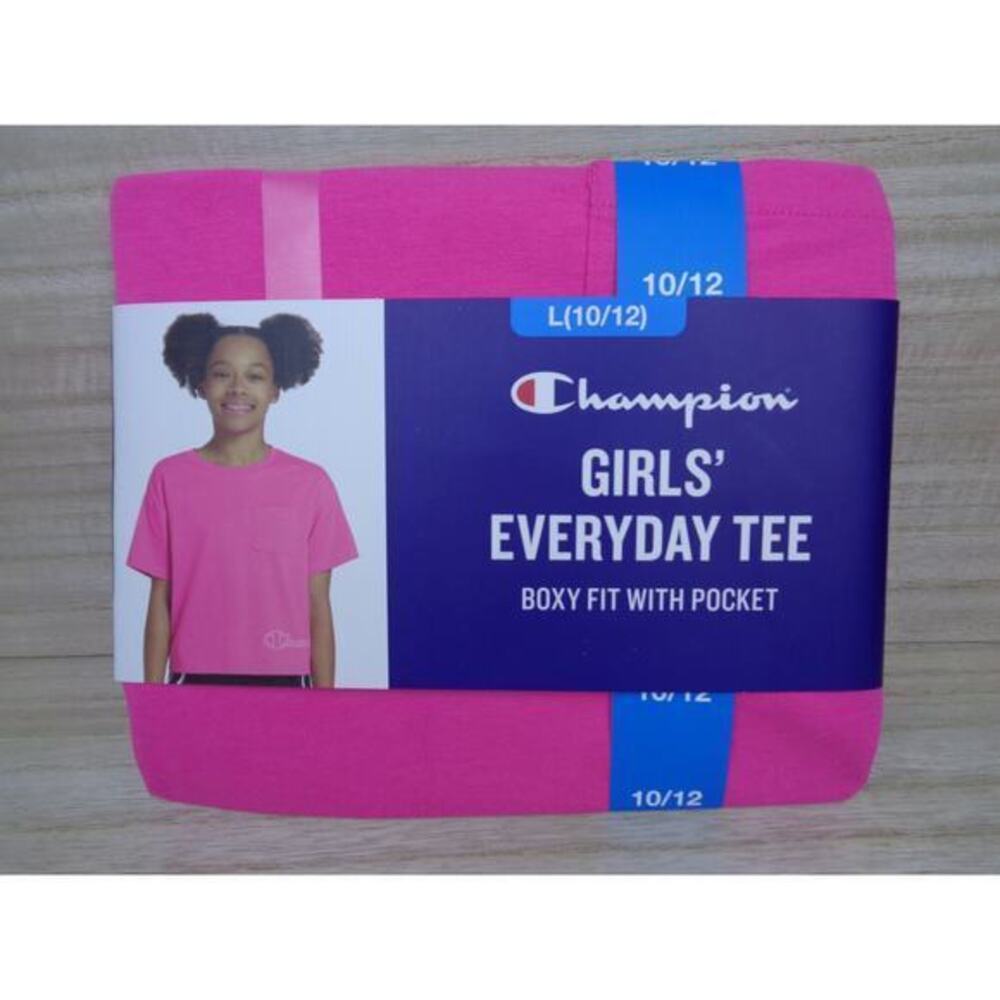 Champion Girls Everyday Tee Boxy‎ Fit Pocket T-Shirt Pink Size L 10/12